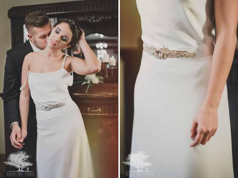 Romantyczna stylizacja ślubna, suknia ślubna ozdobiona biżuteryjnym pasem.